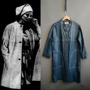1960s Bonnie Cashin blue leather coat, brass turnlock closures, sills angola, small to medium size