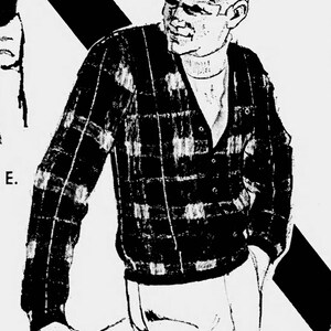 May include: Black and white plaid cardigan sweater with a button-down front. The sweater is worn over a white turtleneck. The image is a black and white illustration.
