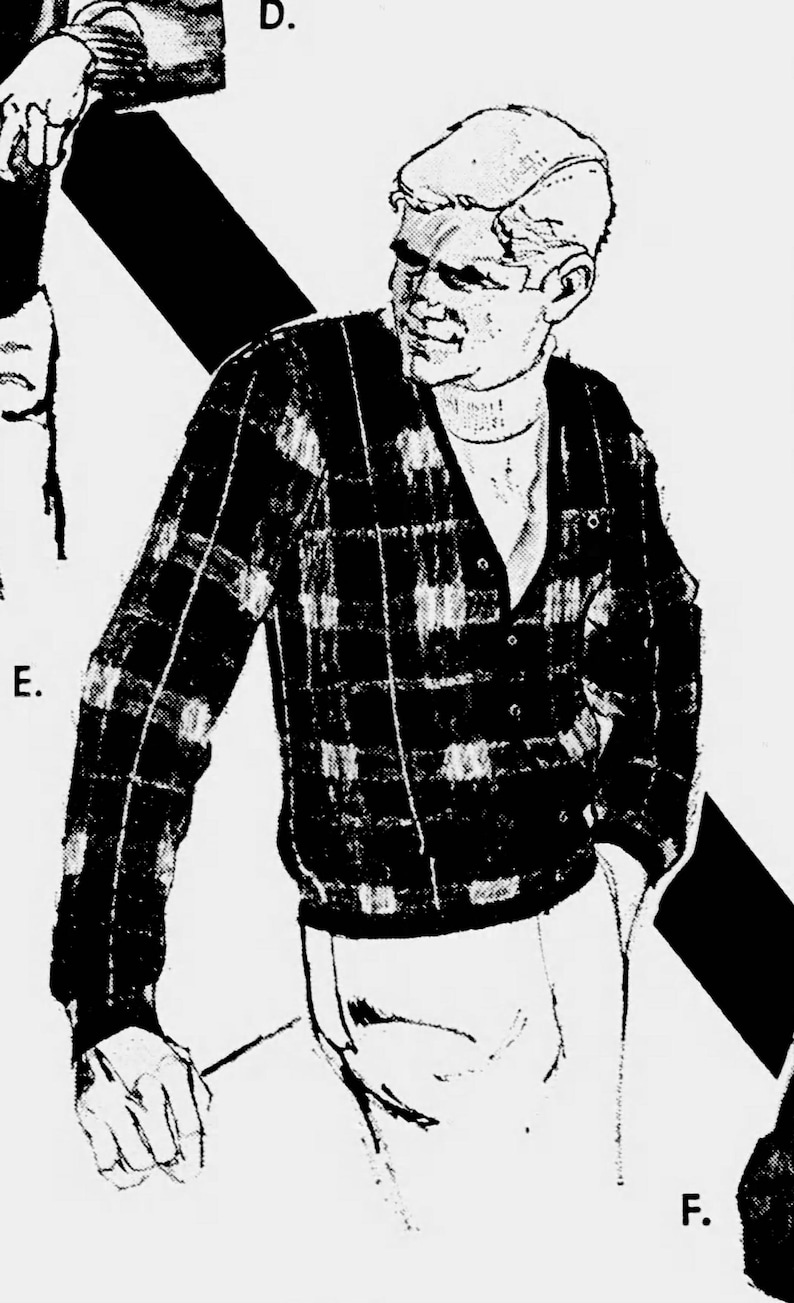 May include: Black and white plaid cardigan sweater with a button-down front. The sweater is worn over a white turtleneck. The image is a black and white illustration.