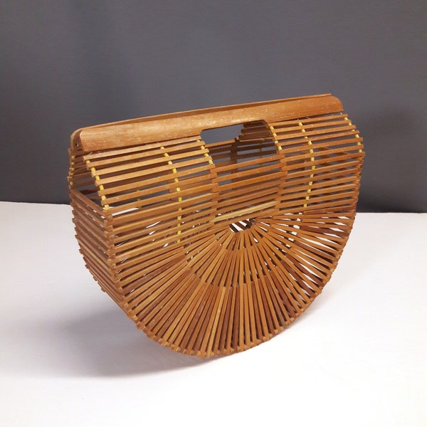 true vintage half-moon bamboo cage purse, 1950s or 1960s, japanese picnic basket, bamboo clutch, bamboo tiki bag