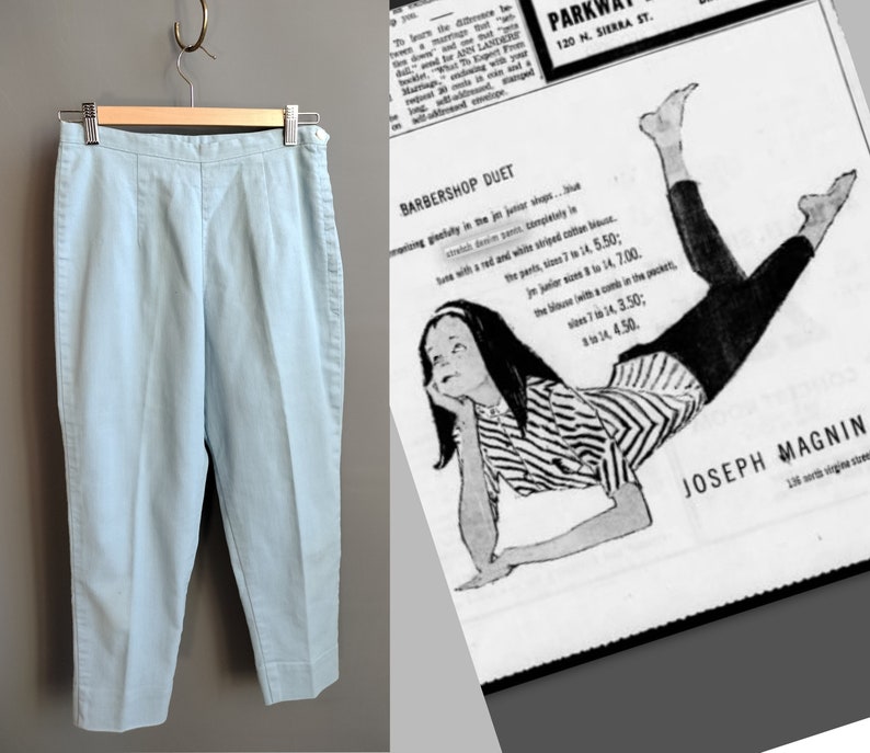 1960s stretch denim pants, mid-calf capris, medium size light blue image 1