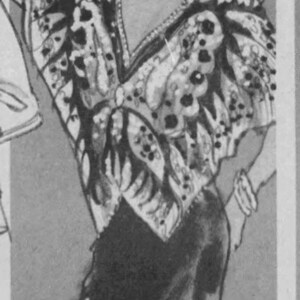 May include: A black and white illustration of a woman wearing a sequined butterfly top. The top is hand-beaded and made of silk chiffon. The text "F. Butterfly sequin tops from Sister Max. Hand-beaded and sequined silk chiffon tops make holiday evenings shine. One size. Designer Salon.*" is printed below the image.