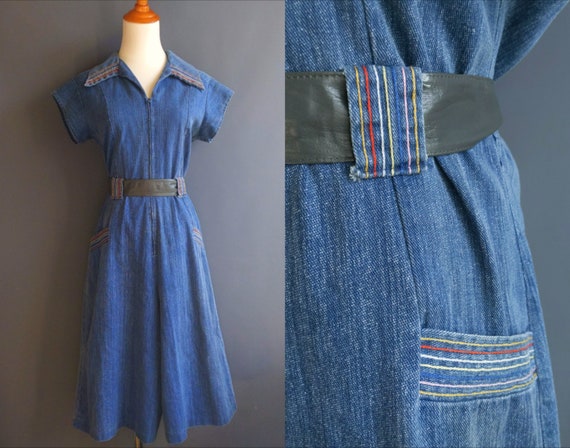 1970s denim jumpsuit, rainbow stitching, split ski