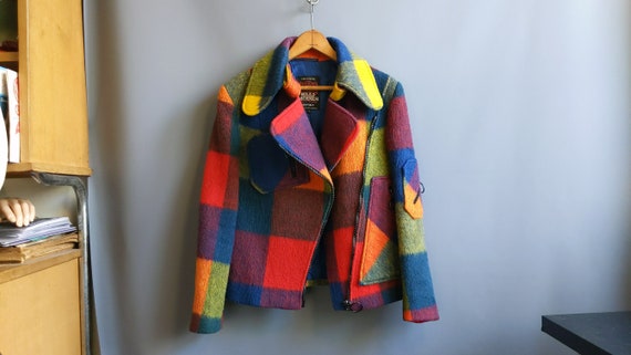1970s rainbow plaid wool motorcycle jacket, medium