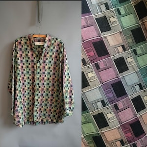 1990s computer disc shirt, Jhane Barnes jacquard weave vintage 3.5 diskette novelty print, medium large size