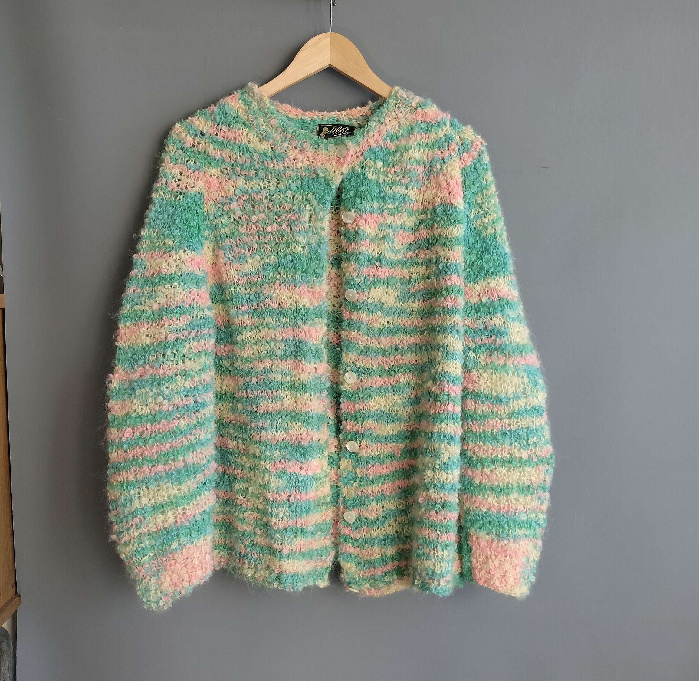 edgertor 1960s Handknit Mohair Loopy Boucle Sweater Cardigan, Made in Italy, Ombre Pastel Colors Green Blue Pink Yellow, Large Size edgertor 1960s Handknit Mohair Loopy Boucle Sweater Cardigan, Made in Italy, Ombre Pastel Colors Green Blue Pink Yellow, Large Size