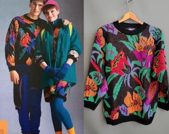 1980s Esprit Sport huge florals novelty sweater, fall 1986 catalog item, large size