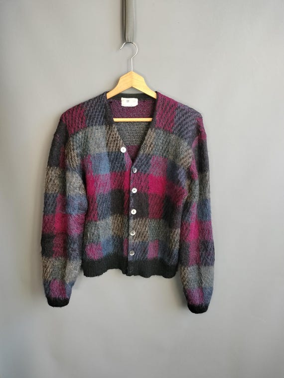 1960s shaggy patterned mohair sweater cardigan, Seattle Knitting Mills, plaid jacquard knit with suede elbow patches, SKM medium