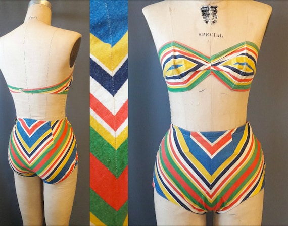 rare 1940s mitered stripe two piece swimsuit, 1940