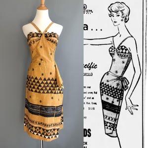 1960s Alfred Shaheen border print sarong dress, mustard and black, asterisks, small/medium, hawaiian hawaii, polynesian royal tapa print