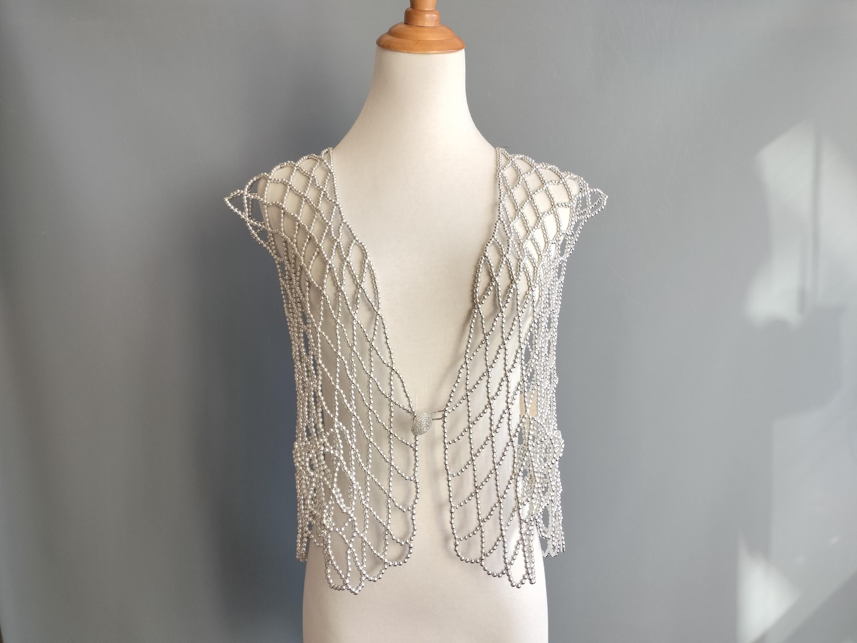 1990s silver bead cage vest, beaded openwork fishnet mesh, one size fits most