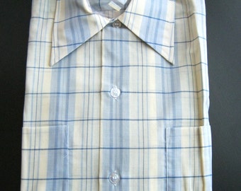 1960s deadstock Arrow shadow plaid sport shirt , medium 15.5 yarn-dyed blue grey white new old stock