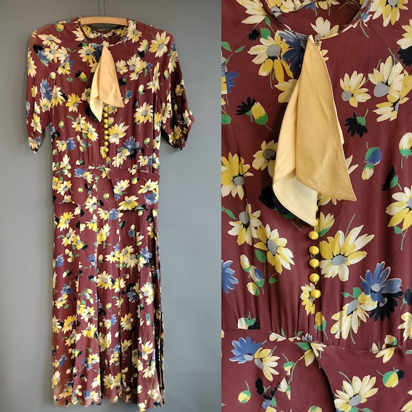 1930s dress, flawed but wearable, rayon floral print, chartreuse yellow and brown, xs small size