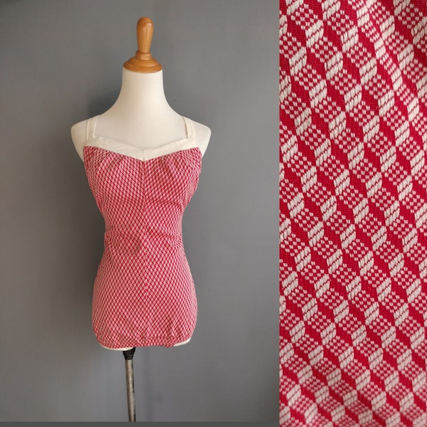 1950s swimsuit, Cole of California, red and white lastex jacquard, stretch vintage with zipper