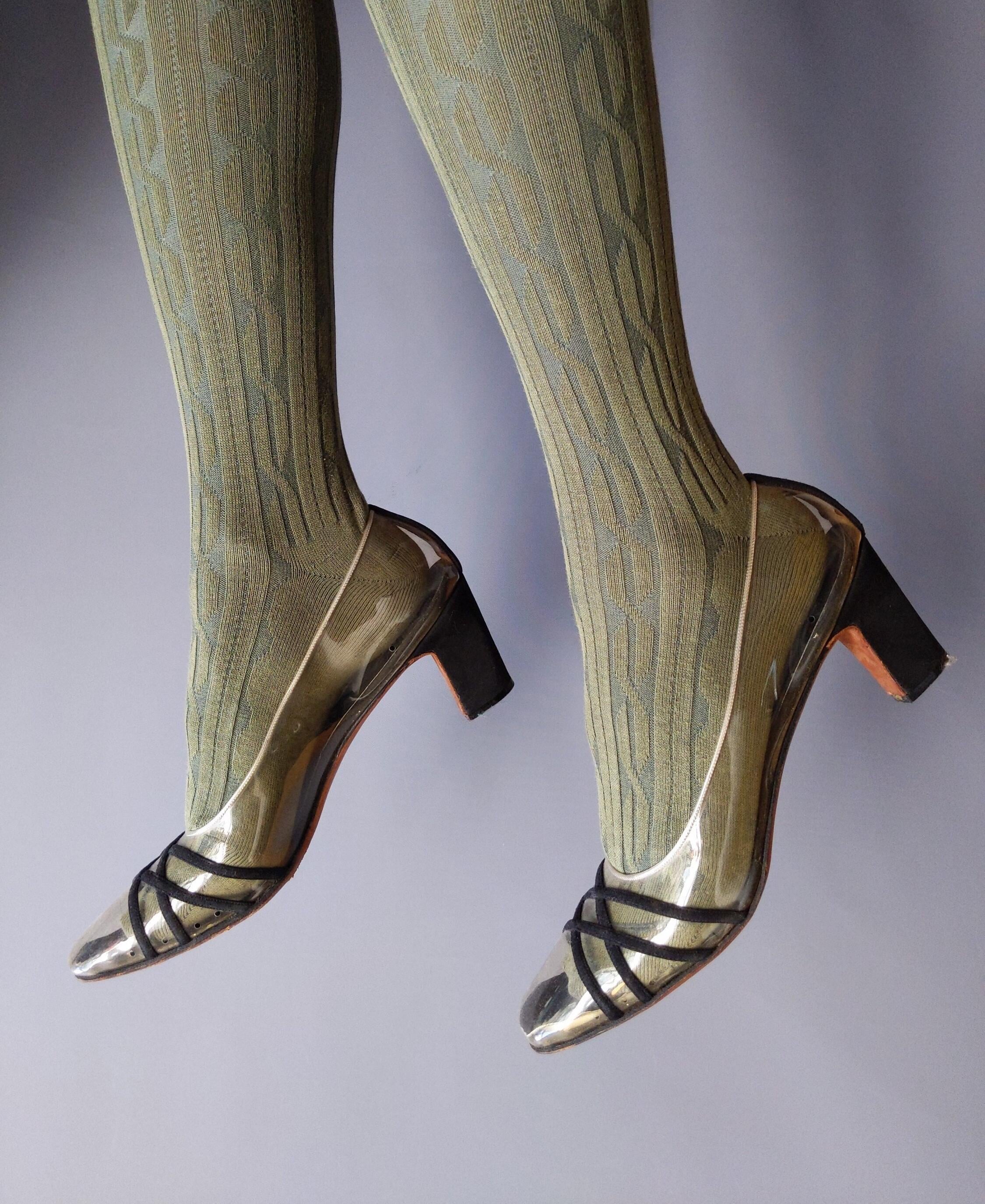 size 8N - 1960s Herbert Levine mod shoes, clear plastic vinyl space age, Beth Levine black suede pumps