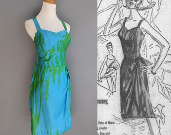 1950s-60s sarong wiggle dress, attached bloomers, ruby of miami, green and blue sateen, built in bra, small medium size