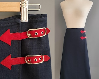 1960s mod wrap skirt, suede leather arrow buckles, navy wool double knit, medium-large size