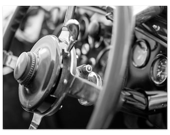 Fotografía en blanco y negro de un coche clásico antiguo / Póster de coche vintage / Póster de coche retro / Arte mural fotográfico en blanco y negro de gran formato