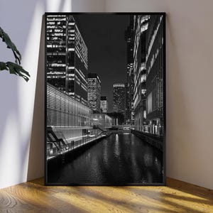 Canary Wharf London Night Print | Monochrome Architecture Wall Art Poster | Gift for London Lovers | Hallway or Office Decor