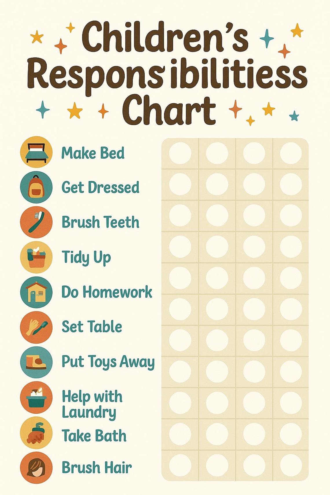 Children’s Responsibility Chart Printable Daily Task Tracker for Kids