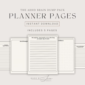 May include: A set of five digital planner pages titled The ADHD Brain Dump Pack. The pages feature black text on a light background, including headers like current hyperfixation, feral thoughts, thoughts currently ricocheting around my brain, and evidence.
