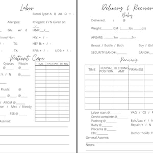May include: A black and white medical chart with sections for labor, delivery, and recovery. The chart includes fields for patient information, vital signs, and notes. The text "Labor", "Delivery & Recovery", and "Patient Care" are visible.
