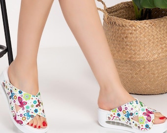 Bunte Schmetterling Blumen Orthopädische Hausschuhe für Frauen - Airmax Sole Comfort Sandalen mit Garden Style Muster