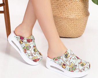 Cute Owl Print Orthopedic Airmax Clogs for Women – Comfortable Slip-On Nursing Shoes for Work, Clinic or Casual Wear