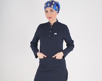 Conjunto de uniforme médico azul marino para mujer, discreto, con túnica larga y pantalón elástico – Uniforme médico elástico con bolsillos para enfermeras