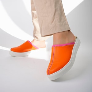 Vibrant Orange Platform Slippers for Women – Leather Closed Toe Clogs with Pink Trim, Non-Slip Sole, Lightweight & Stylish Indoor Shoes