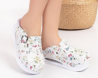 White Floral Buckle Airmax Clogs for Women – Orthopedic Slip On Work Shoes for Nurses, Teachers, Lab and Daily Comfort