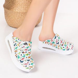 May include: White clogs with a colorful dinosaur pattern. The clogs have a thick white sole and a rounded toe. The background is white, and the image also shows a woven basket with a green plant.