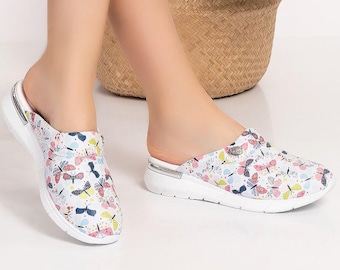 Lightweight Pastel Butterfly Slip-On Clogs – Comfortable White Orthopedic Work Shoes for Salon, Medical, or Everyday Wear