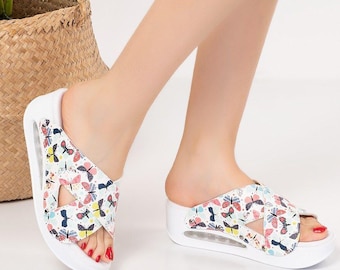 Airmax Open Toe Butterfly Sandals for Women – White Orthopedic Comfort Slides with Colorful Print and Arch Support