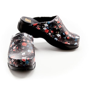 Floral Black Medical Clogs for Women – Orthopedic Leather Anti-Slip Comfort Work Shoes for Nurses, Doctors, Teachers & Professionals