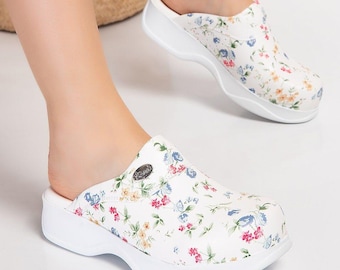 Floral Print Orthopedic Clogs for Women – White Slip On Nursing Shoes with Flowers for Healthcare, Teachers and Salon Use