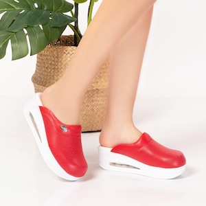 Bold Red Airmax Women’s Clogs – Orthopedic Non-Slip Slip-On Work Shoes for Nurses, Doctors, Teachers and Long Hour Comfort