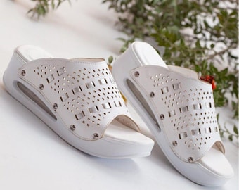 White Peep Toe Orthopedic Wedge Sandals for Women – Air Cushioned Summer Slip-On with Arch Support and Laser Cut Design