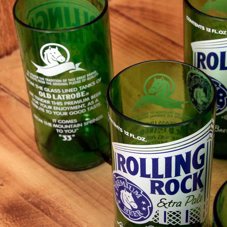 Six Pack Rolling Rock 8 ounce glasses made from upcycled beer Etsy