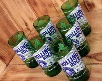 Six Pack Rolling Rock 8 ounce glasses made from upcycled beer bottles