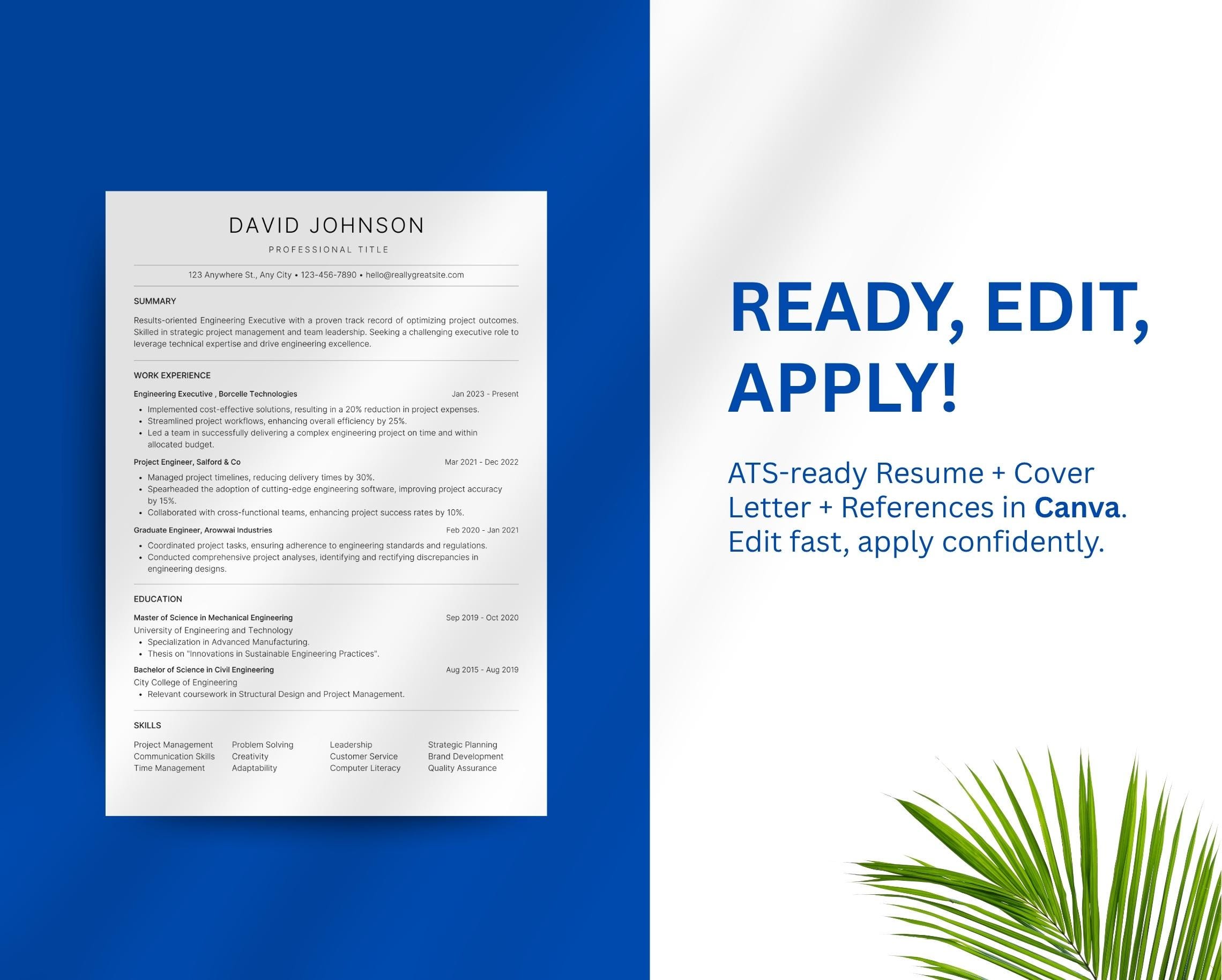 ATS Friendly Canva Resume Template | Editable CV + Cover Letter ...