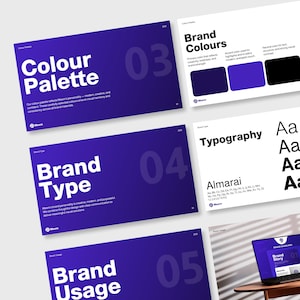 May include: A presentation with slides on branding elements. The slides feature text such as "Colour Palette," "Brand Colours," "Brand Type," and "Brand Usage." Each slide has a large number and the Meem logo.