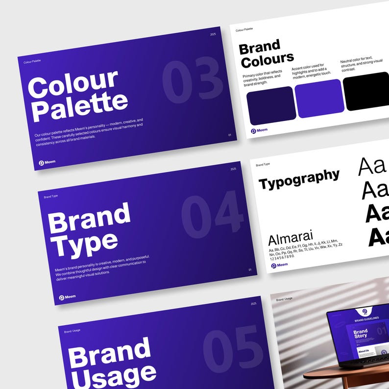 May include: A presentation with slides on branding elements. The slides feature text such as "Colour Palette," "Brand Colours," "Brand Type," and "Brand Usage." Each slide has a large number and the Meem logo.