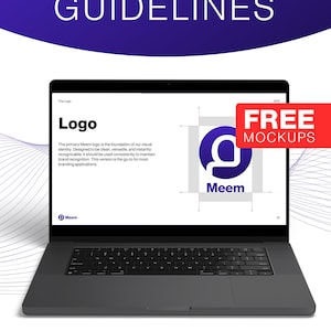 May include: A laptop displaying a brand guidelines presentation. The screen shows a logo with the text "Meem" and the words "Logo" and "Brand Guidelines" are at the top. Icons for Canva and Adobe Illustrator are at the bottom, along with a "Free Mockups" badge.