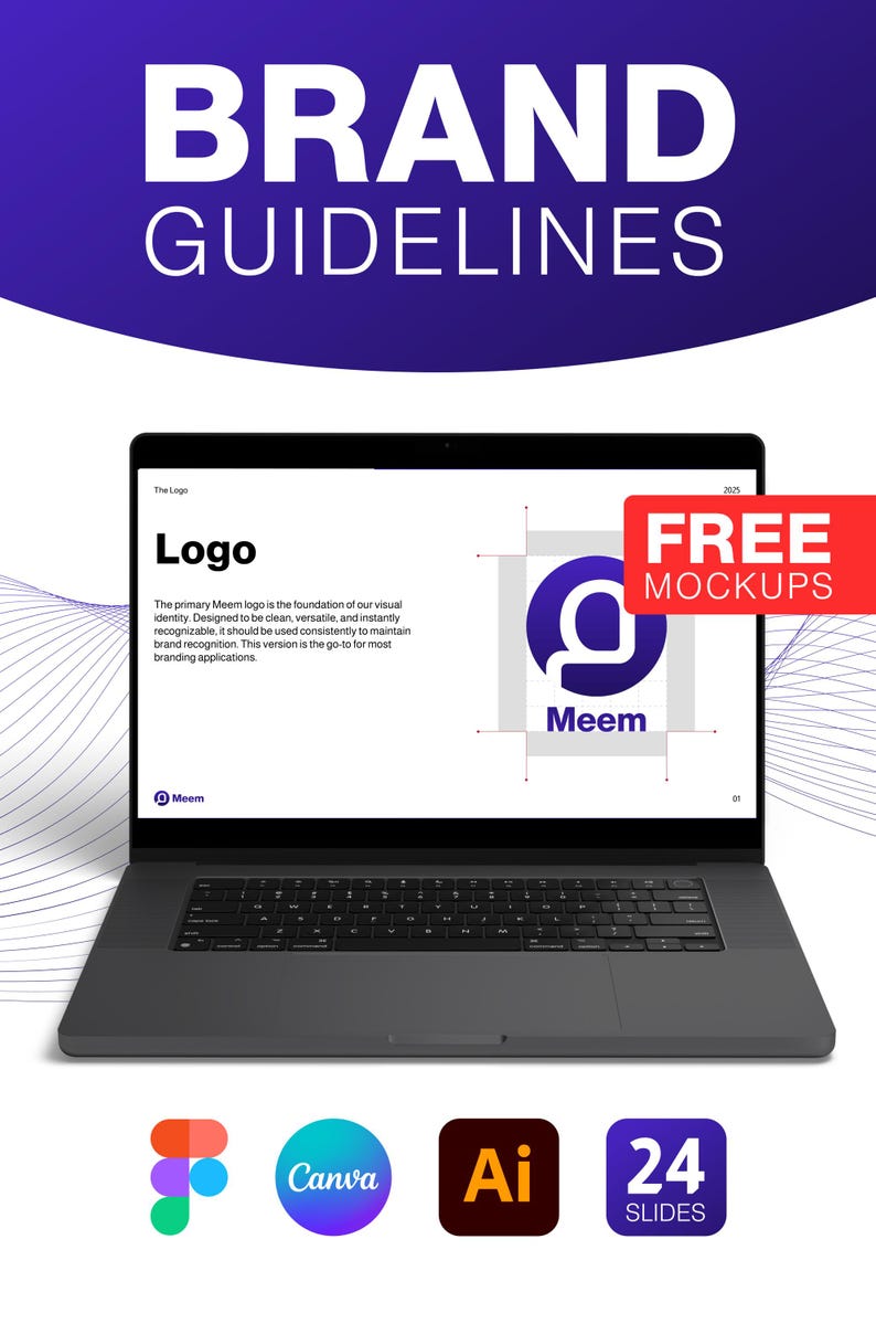 May include: A laptop displaying a brand guidelines presentation. The screen shows a logo with the text "Meem" and the words "Logo" and "Brand Guidelines" are at the top. Icons for Canva and Adobe Illustrator are at the bottom, along with a "Free Mockups" badge.