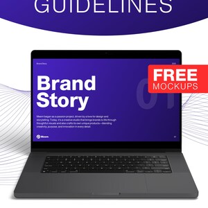 May include: A laptop displaying a presentation titled "Brand Story" with a purple and white color scheme. The image includes the text "Brand Guidelines" and icons for Canva, Adobe Illustrator, and 24 slides. A red banner reads "FREE MOCKUPS."