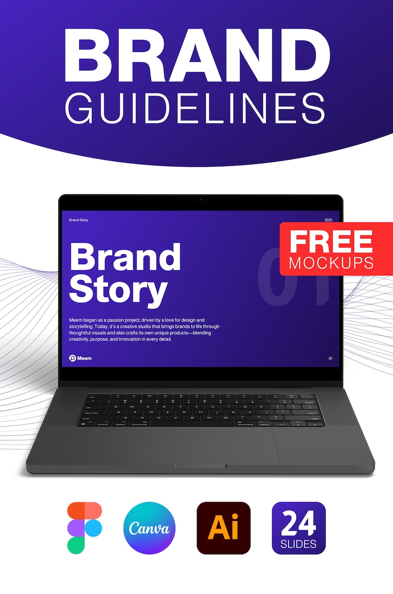 May include: A laptop displaying a presentation titled "Brand Story" with a purple and white color scheme. The image includes the text "Brand Guidelines" and icons for Canva, Adobe Illustrator, and 24 slides. A red banner reads "FREE MOCKUPS."