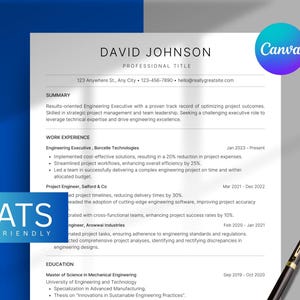 以下が含まれることがあります： 上部に「David Johnson」という名前が書かれた白い履歴書のテンプレート。履歴書には、概要、職務経験、学歴のセクションが含まれています。青と緑の「ATS Friendly」ロゴが左下にあります。