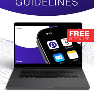 May include: A laptop displays a phone mockup with app icons and the time 9:41. The words "BRAND GUIDELINES" are at the top. Below the laptop are icons for Canva, Ai, and 24 Slides. A red rectangle says "FREE MOCKUPS".