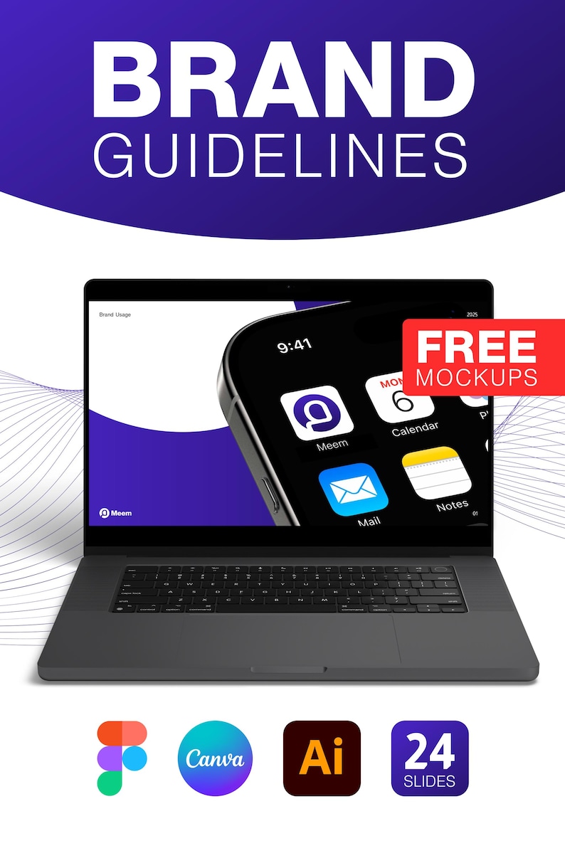 May include: A laptop displays a phone mockup with app icons and the time 9:41. The words "BRAND GUIDELINES" are at the top. Below the laptop are icons for Canva, Ai, and 24 Slides. A red rectangle says "FREE MOCKUPS".